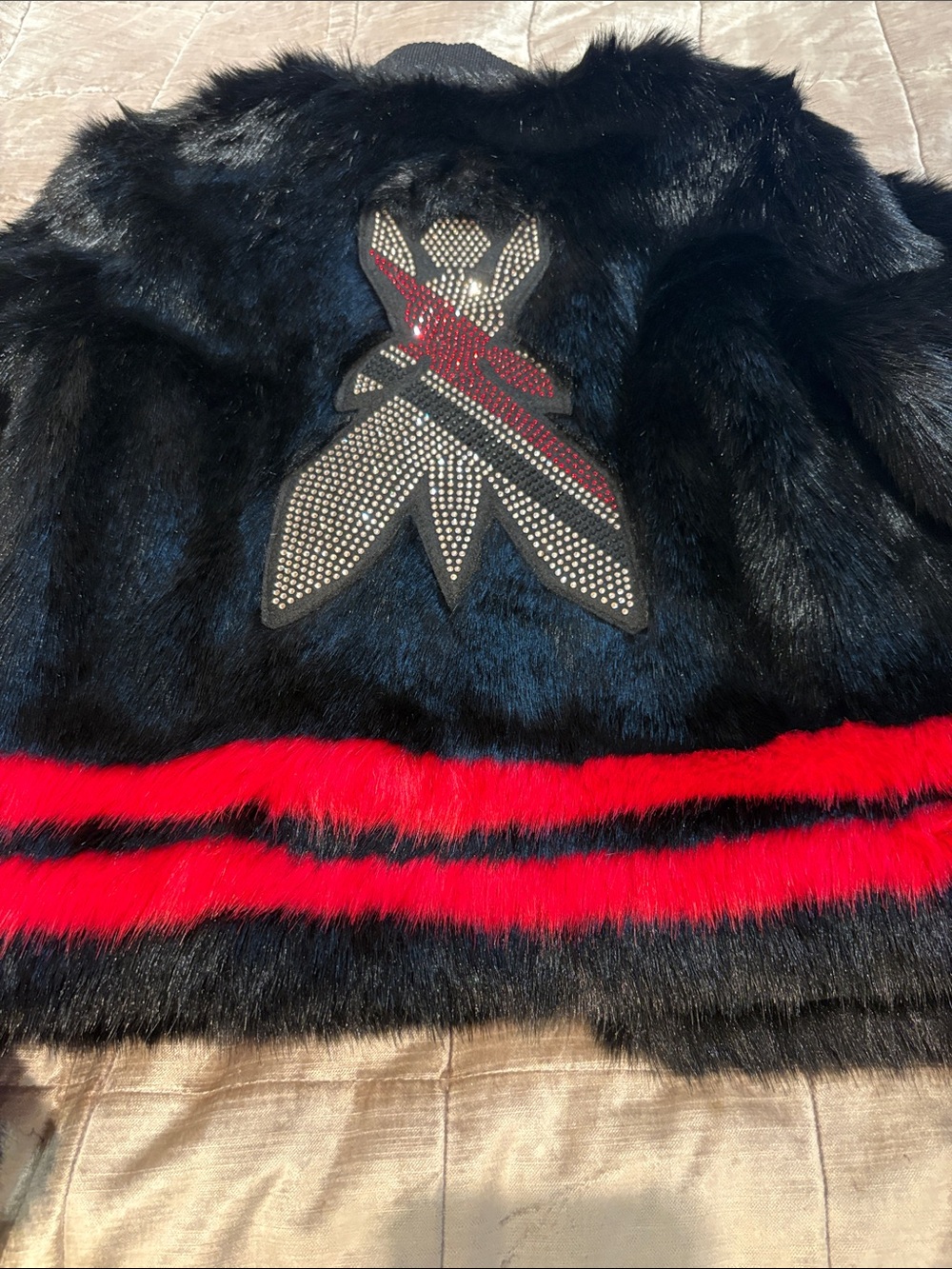 Patrizia Pepe Black Faux Fur Bomber Red Stripe Bling Studs Size 42 Italian 6